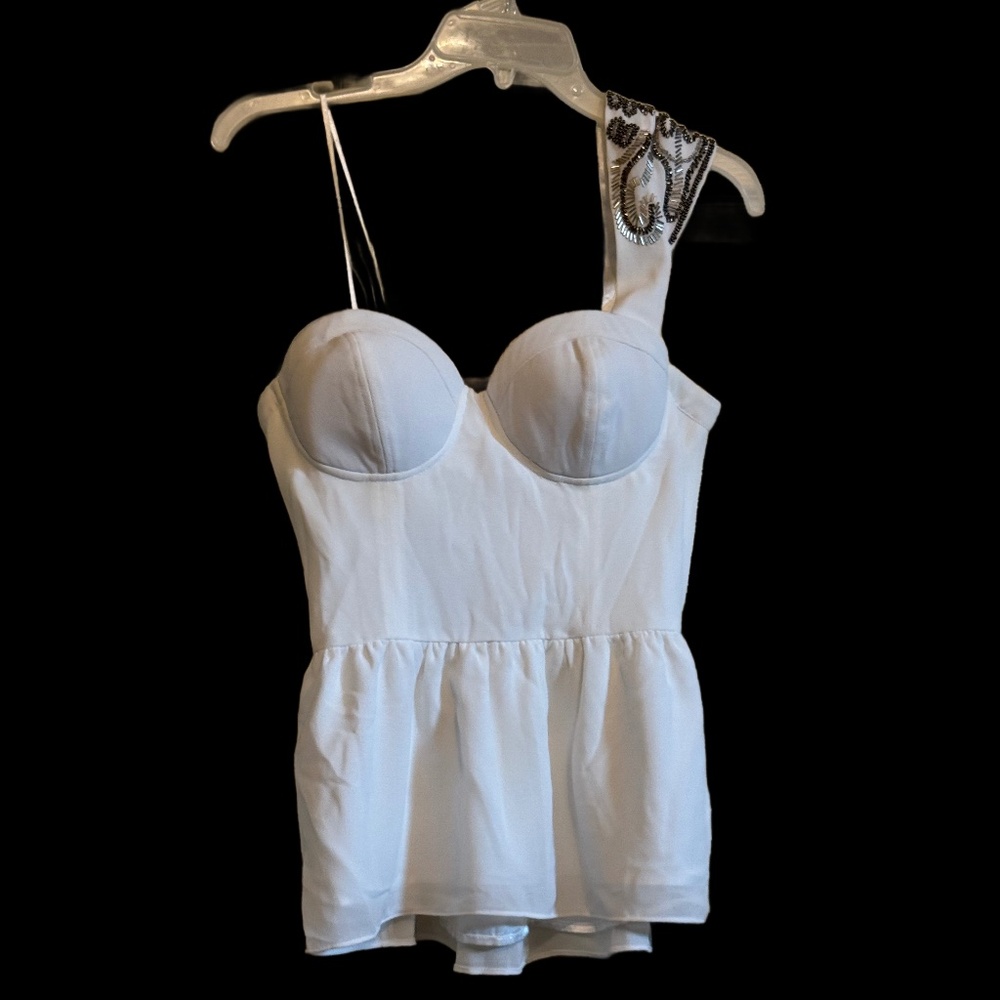 GUESS White Corset Bustier Peplum One Shoulder Top M - Picture 2 of 6